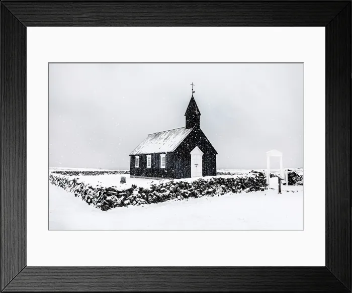 Framed Print : The famous black wooden church at Budir in a winter blizzard, Snaefellsnes Peninsula, West Iceland Framed Print : The famous black wooden church at Budir in a winter blizzard, Snaefellsnes Peninsula, West Iceland