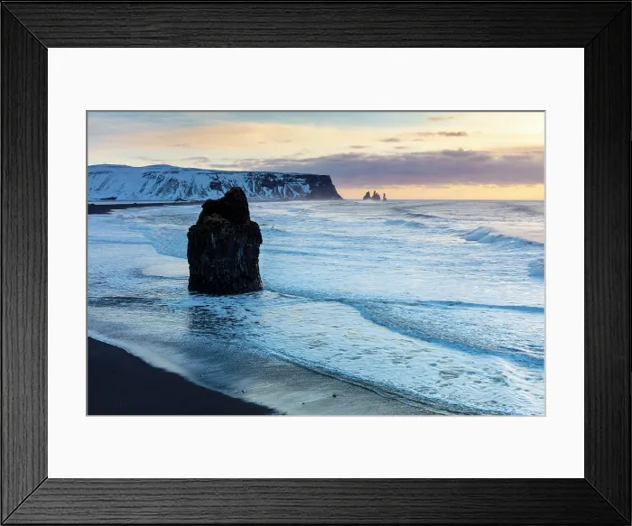 Framed Print : The Reynisdrangar rock stacks and stormy seas, from Dyrholaey, at sunrise, near Vik y Myrdal, South Iceland