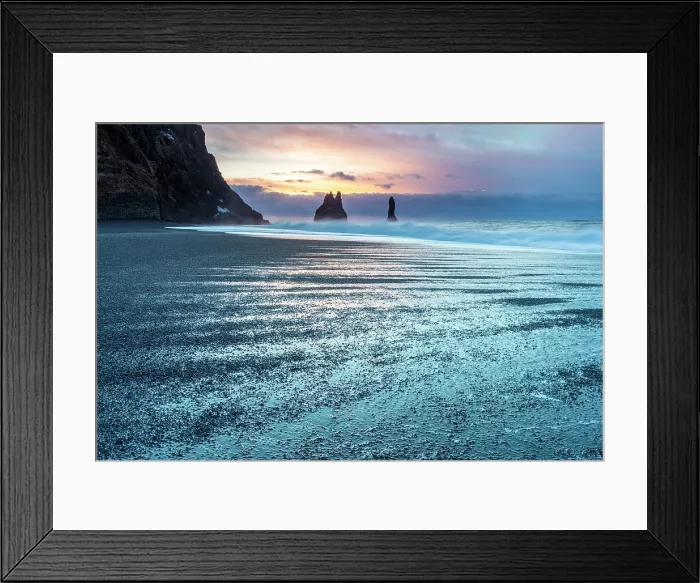 Framed Print : The Reynisdrangar rock stacks at dawn, from Reynisfjara black sand beach, near Vik y Myrdal, South Iceland Framed Print : The Reynisdrangar rock stacks at dawn, from Reynisfjara black sand beach, near Vik y Myrdal, South Iceland
