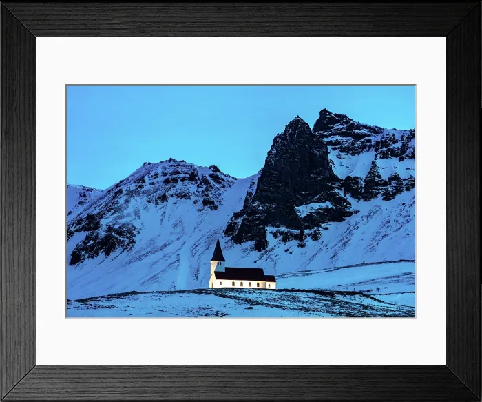 Framed Print : Church with snow-covered mountains in the background at dusk, Vik y Myrdal, South Iceland Framed Print : Church with snow-covered mountains in the background at dusk, Vik y Myrdal, South Iceland