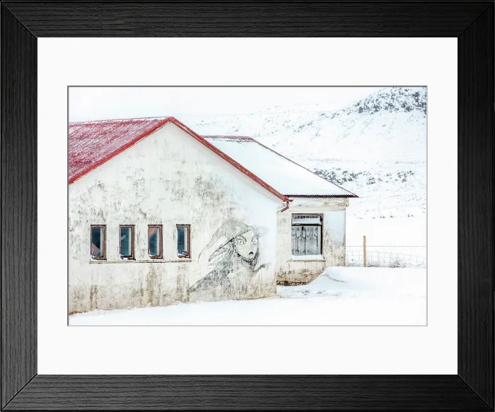 Framed Print : Old house in snow with witch painted on it, Snaefellsnes Peninsula, Iceland Framed Print : Old house in snow with witch painted on it, Snaefellsnes Peninsula, Iceland