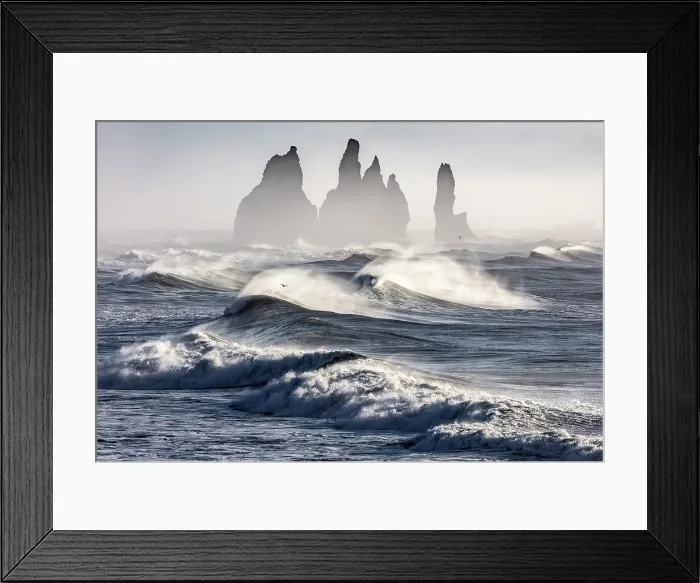 Framed Print : The Reynisdrangar rock stacks and stormy seas, from Dyrholaey, near Vik y Myrdal, South Iceland