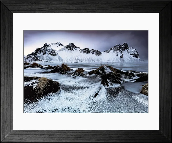 Framed Print : Vestrahorn mountain in winter, from the grassy black sand dunes covered in ice and snow. Stokksnes, Southeast Iceland Framed Print : Vestrahorn mountain in winter, from the grassy black sand dunes covered in ice and snow. Stokksnes, Southeast Iceland