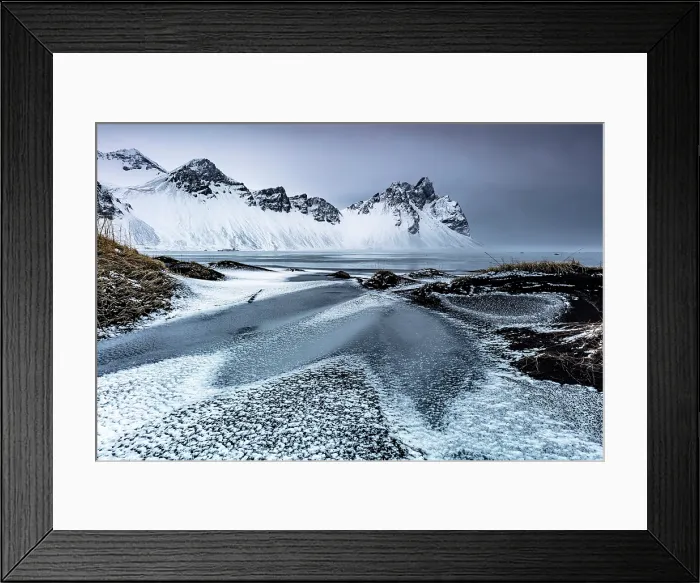 Framed Print : Vestrahorn mountain in winter, from the frozen black sand beach covered in ice and snow, Stokksnes, Southeast Iceland Framed Print : Vestrahorn mountain in winter, from the frozen black sand beach covered in ice and snow, Stokksnes, Southeast Iceland