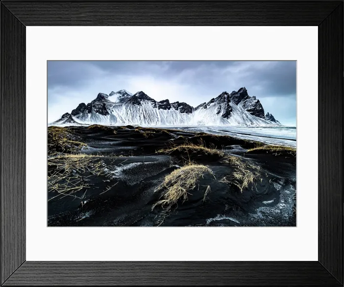 Framed Print : Vestrahorn mountain in winter, from the black sand grassy dunes, Stokksnes, Southeast Iceland Framed Print : Vestrahorn mountain in winter, from the black sand grassy dunes, Stokksnes, Southeast Iceland