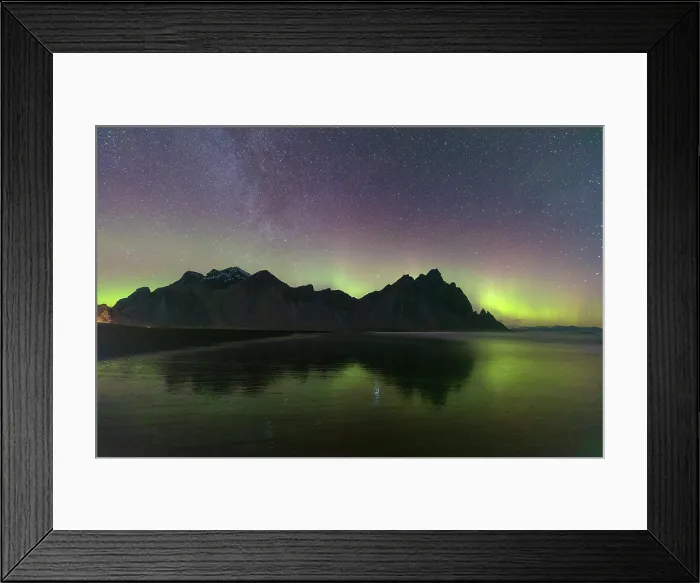Framed Print : Aurora Borealis (Northern Lights) over Vestrahorn, Stokksnes, Iceland Framed Print : Aurora Borealis (Northern Lights) over Vestrahorn, Stokksnes, Iceland