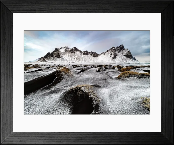 Framed Print : Vestrahorn mountain in winter, from the grassy black sand dunes covered in ice and snow, . Stokksnes, Southeast Iceland Framed Print : Vestrahorn mountain in winter, from the grassy black sand dunes covered in ice and snow, . Stokksnes, Southeast Iceland