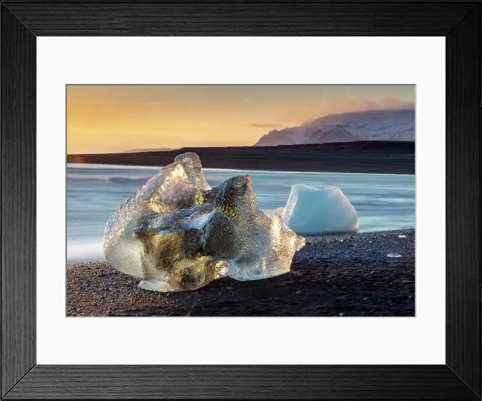 Framed Print : Icebergs on the beach at sunset, near Jokulsarlon glacial lagoon, Iceland Framed Print : Icebergs on the beach at sunset, near Jokulsarlon glacial lagoon, Iceland