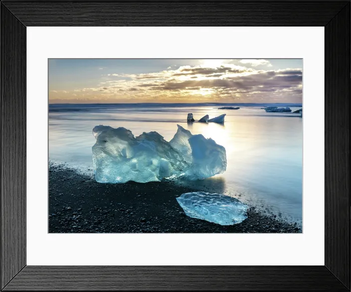 Framed Print : Icebergs on the beach at sunrise, near Jokulsarlon glacial lagoon, Iceland Framed Print : Icebergs on the beach at sunrise, near Jokulsarlon glacial lagoon, Iceland