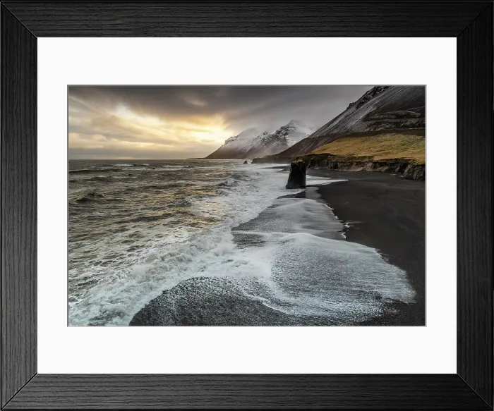 Framed Print : Black volcanic sand beach with Vestrahorn in the distance, Stokksnes, South Iceland