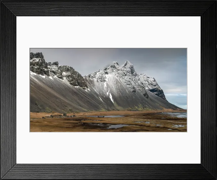 Framed Print : Black volcanic sand beach with Vestrahorn in the distance, Stokksnes, South Iceland Framed Print : Black volcanic sand beach with Vestrahorn in the distance, Stokksnes, South Iceland