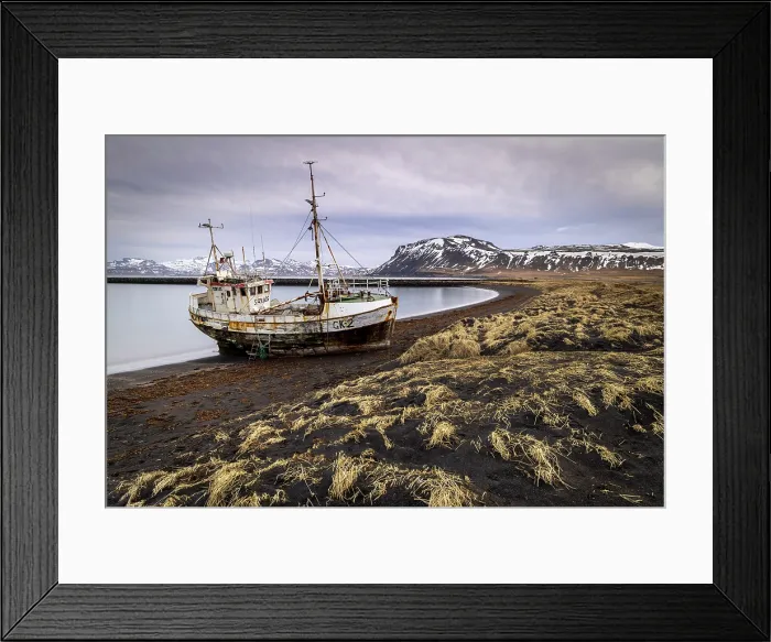 Framed Print : Fishing boat stranded on black sand beach near Rif, Snaefellsnes Peninsula, Iceland Framed Print : Fishing boat stranded on black sand beach near Rif, Snaefellsnes Peninsula, Iceland