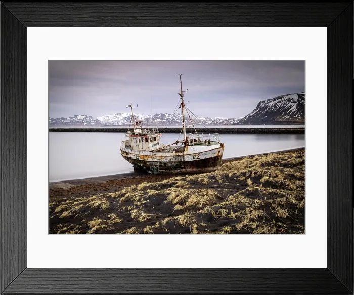 Framed Print : Fishing boat stranded on black sand beach near Rif, Snaefellsnes Peninsula, Iceland Framed Print : Fishing boat stranded on black sand beach near Rif, Snaefellsnes Peninsula, Iceland