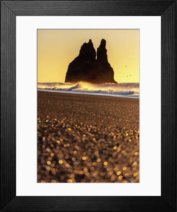 Framed Print : One of the Reynisdrangar rock stacks at sunrise, from Reynisfjara black sand beach, near Vik y Myrdal, South Iceland Framed Print : One of the Reynisdrangar rock stacks at sunrise, from Reynisfjara black sand beach, near Vik y Myrdal, South Iceland