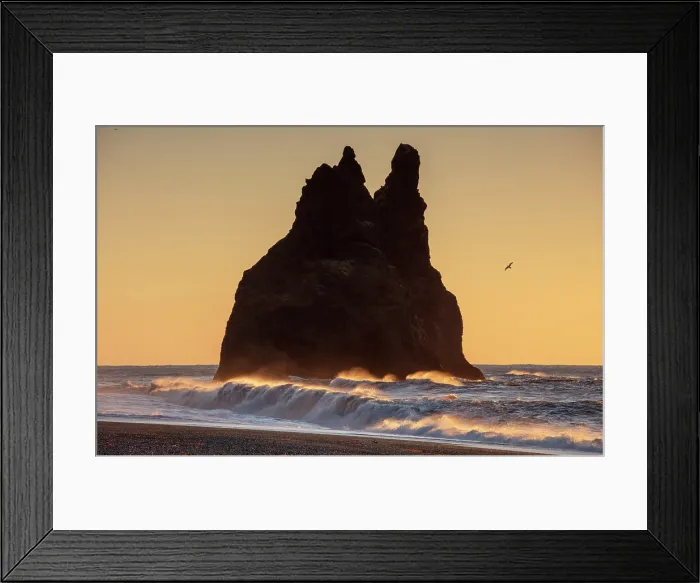 Framed Print : One of the Reynisdrangar rock stacks at sunrise, from Reynisfjara black sand beach, near Vik y Myrdal, South Iceland Framed Print : One of the Reynisdrangar rock stacks at sunrise, from Reynisfjara black sand beach, near Vik y Myrdal, South Iceland
