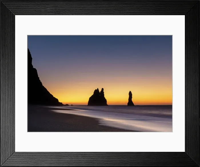 Framed Print : The Reynisdrangar rock stacks at dawn from Reynisfjara black sand beach, near Vik y Myrdal, South Iceland Framed Print : The Reynisdrangar rock stacks at dawn from Reynisfjara black sand beach, near Vik y Myrdal, South Iceland