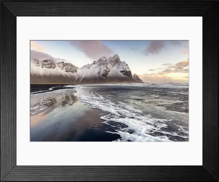 Framed Print : Black volcanic sand beach with Vestrahorn in the distance, Stokksnes, South Iceland