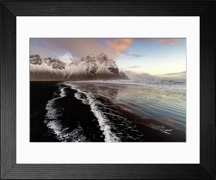 Framed Print : Black volcanic sand beach with Vestrahorn in the distance, Stokksnes, South Iceland