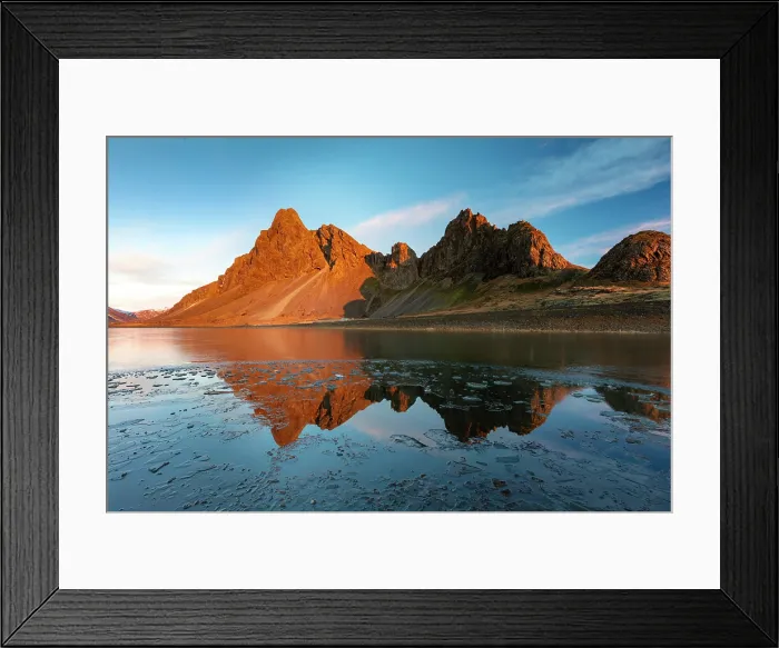 Framed Print : Eystrahorn bathed in morning light and reflecting in a nearby lake, Hvalnes Peninsula, Krossasnesfjall mountain region, Southeast Iceland Framed Print : Eystrahorn bathed in morning light and reflecting in a nearby lake, Hvalnes Peninsula, Krossasnesfjall mountain region, Southeast Iceland
