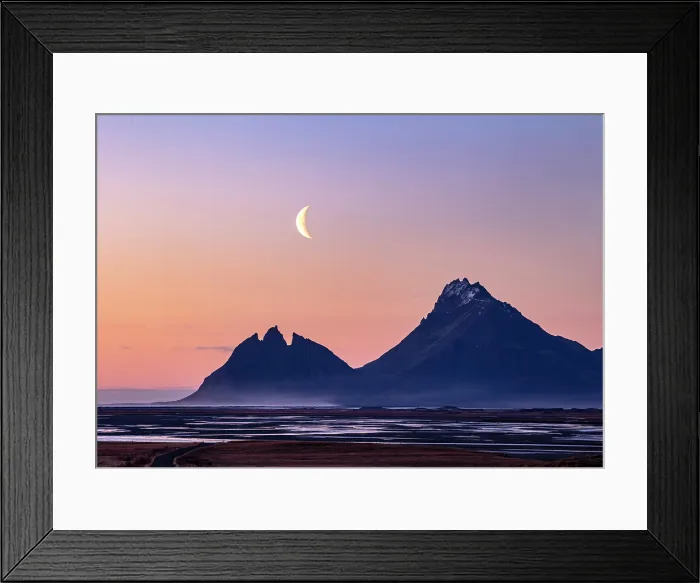 Framed Print : Brunnhorn (Batman Mountain), at dawn with crescent moon, near Stokksnes, Southeast Iceland Framed Print : Brunnhorn (Batman Mountain), at dawn with crescent moon, near Stokksnes, Southeast Iceland