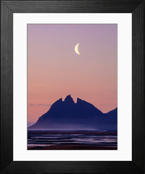 Framed Print : Brunnhorn (Batman Mountain), at dawn with crescent moon, near Stokksnes, Southeast Iceland Framed Print : Brunnhorn (Batman Mountain), at dawn with crescent moon, near Stokksnes, Southeast Iceland