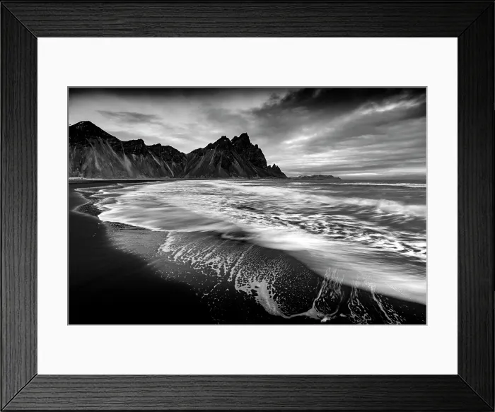 Framed Print : Vestrahorn mountain in winter, with waves washing up the black sand beach. Stokksnes, Southeast Iceland Framed Print : Vestrahorn mountain in winter, with waves washing up the black sand beach. Stokksnes, Southeast Iceland