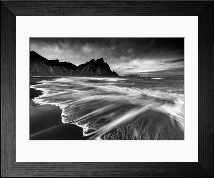 Framed Print : Vestrahorn mountain in winter, with waves washing up the black sand beach. Stokksnes, Southeast Iceland Framed Print : Vestrahorn mountain in winter, with waves washing up the black sand beach. Stokksnes, Southeast Iceland