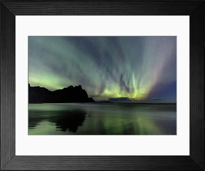 Framed Print : Aurora Borealis (Northern Lights) over Vestrahorn, Stokksnes, Iceland Framed Print : Aurora Borealis (Northern Lights) over Vestrahorn, Stokksnes, Iceland
