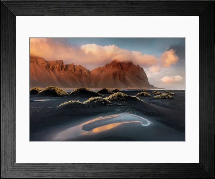 Framed Print : Vestrahorn mountain bathed in evening light, from the black sand dunes, Stokksnes, Southeast Iceland