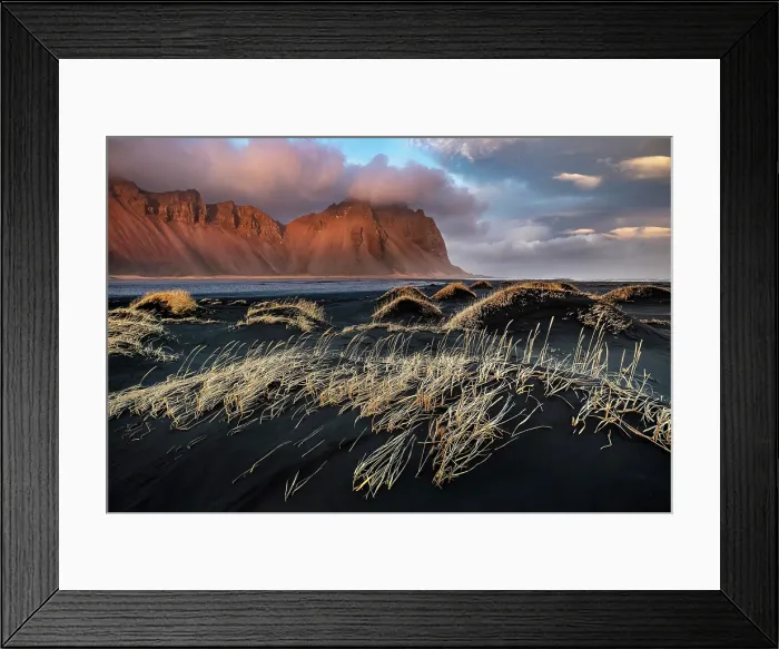 Framed Print : Vestrahorn mountain bathed in evening light, from the blaxck sand dunes, Stokksnes, Southeast Iceland Framed Print : Vestrahorn mountain bathed in evening light, from the blaxck sand dunes, Stokksnes, Southeast Iceland