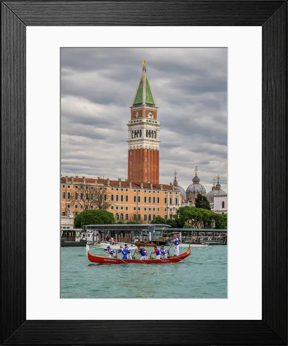 Framed Print : Traditional Venetian rowboat on Grand Canal with St Mark's Campanile in the background, Venice, Veneto, Italy Framed Print : Traditional Venetian rowboat on Grand Canal with St Mark's Campanile in the background, Venice, Veneto, Italy