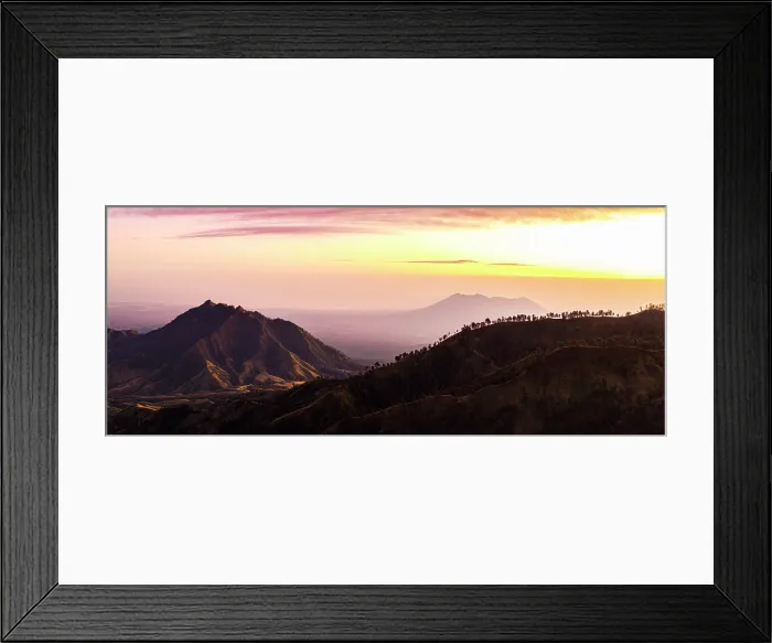 Framed Print : Aerial view of mountains ad volcanoes under a romantic sky at dawn, Banyuwangi, East Java Province, Java, Indonesia Framed Print : Aerial view of mountains ad volcanoes under a romantic sky at dawn, Banyuwangi, East Java Province, Java, Indonesia