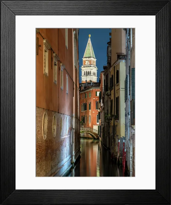 Framed Print : Night view of Rio San Salvador water canal with St Mark's Campanile in the background, Sestiere San Marco, Venice, Veneto, Italy Framed Print : Night view of Rio San Salvador water canal with St Mark's Campanile in the background, Sestiere San Marco, Venice, Veneto, Italy