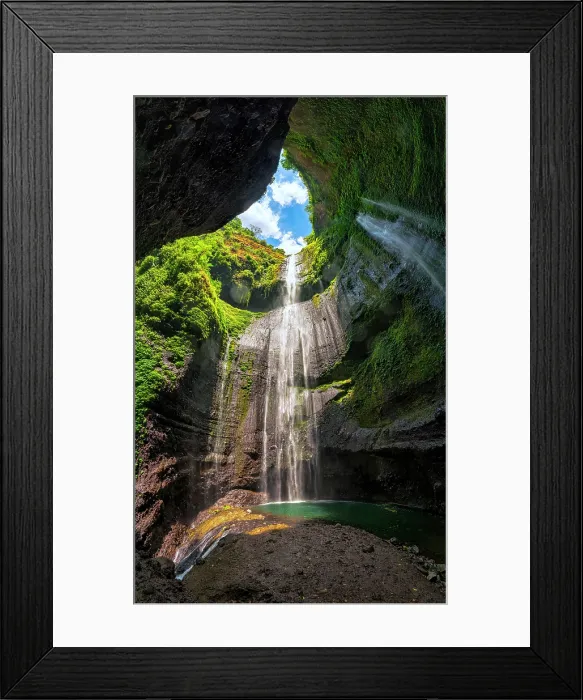 Framed Print : Sunlight breaks through the canyon as Madakaripura Waterfall tumbles into the green pool below, Bromo, East Java, Indonesia Framed Print : Sunlight breaks through the canyon as Madakaripura Waterfall tumbles into the green pool below, Bromo, East Java, Indonesia