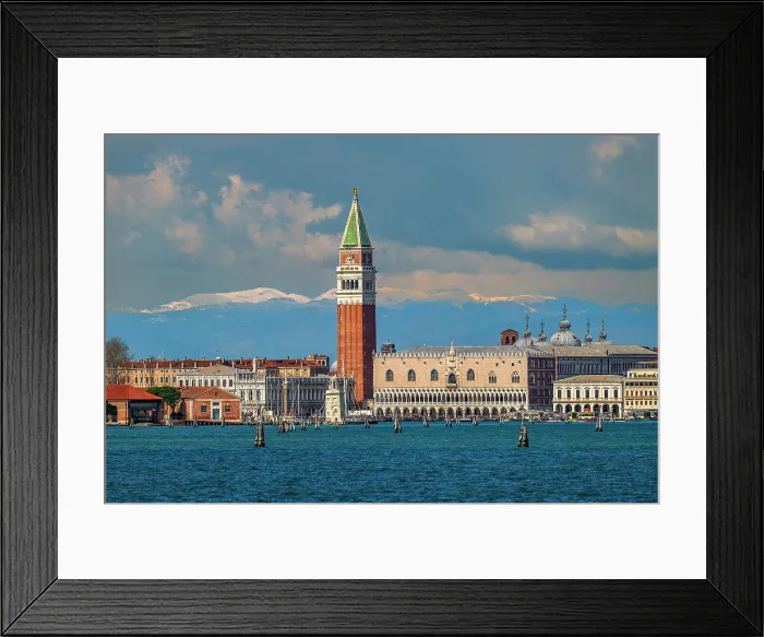 Framed Print : St Mark's Campanile and city skyline with snowy Alps in the background, Venice, Veneto, Italy Framed Print : St Mark's Campanile and city skyline with snowy Alps in the background, Venice, Veneto, Italy