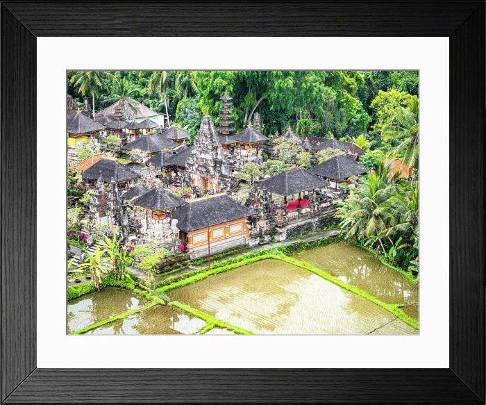 Framed Print : Aerial view of an ancient monastery and surrounding rice fields in a lush rainforest, Ubud, Indonesia Framed Print : Aerial view of an ancient monastery and surrounding rice fields in a lush rainforest, Ubud, Indonesia