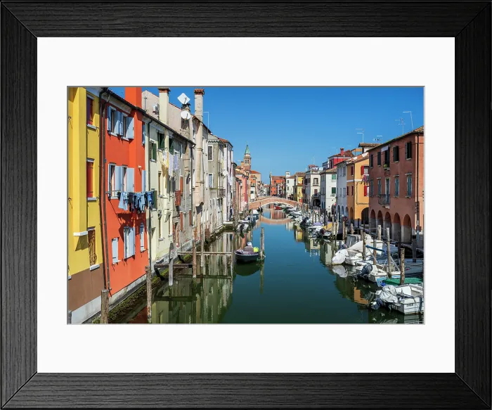 Framed Print : Scenic view over Vena Canal and multicolored houses, Chioggia, Veneto, Italy Framed Print : Scenic view over Vena Canal and multicolored houses, Chioggia, Veneto, Italy