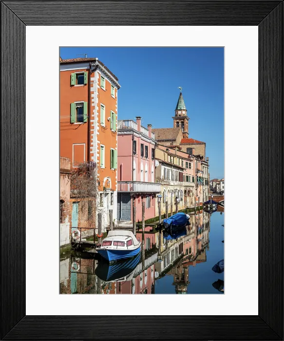 Framed Print : Scenic view over Vena Canal and multicolored houses, Chioggia, Veneto, Italy Framed Print : Scenic view over Vena Canal and multicolored houses, Chioggia, Veneto, Italy