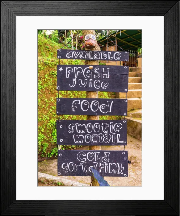 Framed Print : Handwritten wooden signs outside a cocktail bar in the jungle, Bali, Indonesia Framed Print : Handwritten wooden signs outside a cocktail bar in the jungle, Bali, Indonesia