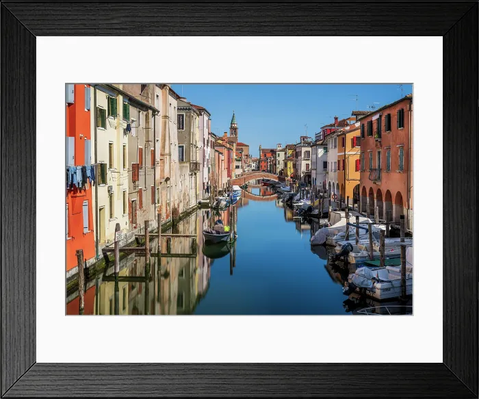 Framed Print : Scenic view over Vena Canal and multicolored houses, Chioggia, Veneto, Italy Framed Print : Scenic view over Vena Canal and multicolored houses, Chioggia, Veneto, Italy