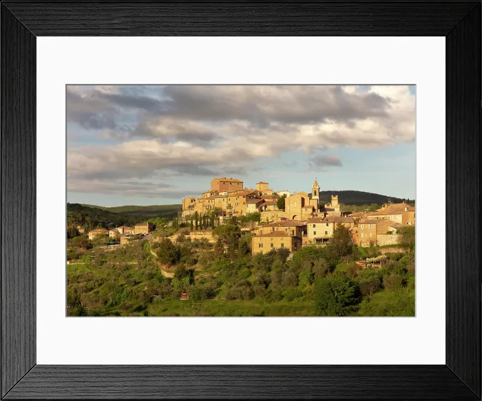 Framed Print : The ancient village of Montisi against a stormy sky, Montalcino, Province of Siena, Tuscany, Italy