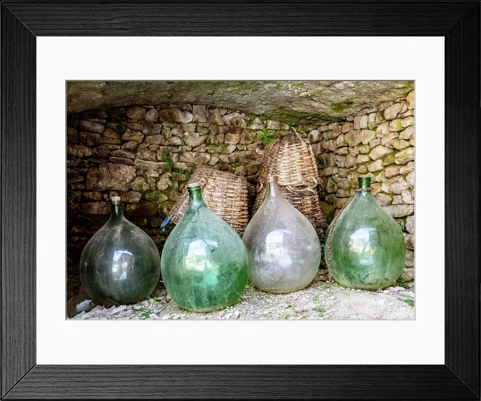 Framed Print : Wine bottles and wicker baskets, the village of Manarola, Cinque Terre, La Spezia district, Liguria, Italy Framed Print : Wine bottles and wicker baskets, the village of Manarola, Cinque Terre, La Spezia district, Liguria, Italy