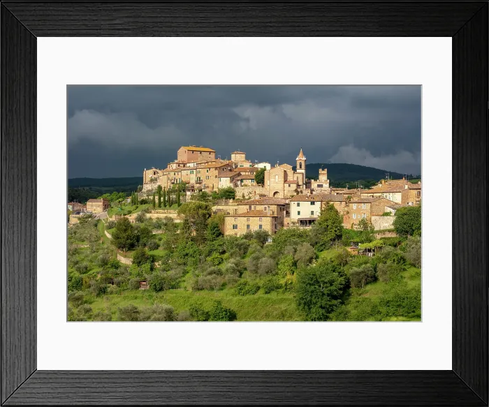 Framed Print : The ancient village of Montisi against a stormy sky, Montalcino, Province of Siena, Tuscany, Italy Framed Print : The ancient village of Montisi against a stormy sky, Montalcino, Province of Siena, Tuscany, Italy