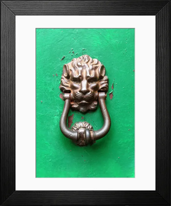 Framed Print : Brass lion head door knocker on green door, Montisi, Montalcino, Province of Siena, Tuscany, Italy Framed Print : Brass lion head door knocker on green door, Montisi, Montalcino, Province of Siena, Tuscany, Italy