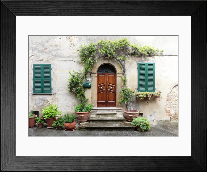 Framed Print : Wall of old house with heavy wooden door, green shutters and potted plants, Montisi, Montalcino, Province of Siena, Tuscany, Italy Framed Print : Wall of old house with heavy wooden door, green shutters and potted plants, Montisi, Montalcino, Province of Siena, Tuscany, Italy