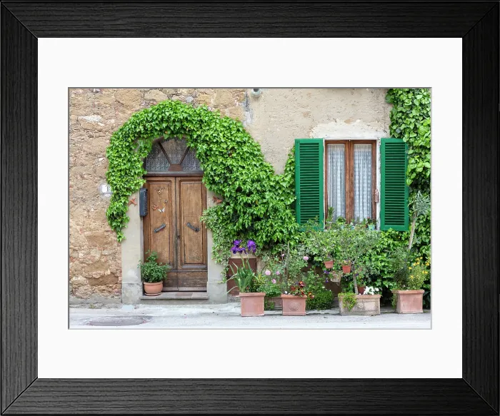 Framed Print : Wall of old house with heavy wooden door, green shutters and potted plants, Castelmuzio, Province of Siena, Tuscany, Italy Framed Print : Wall of old house with heavy wooden door, green shutters and potted plants, Castelmuzio, Province of Siena, Tuscany, Italy