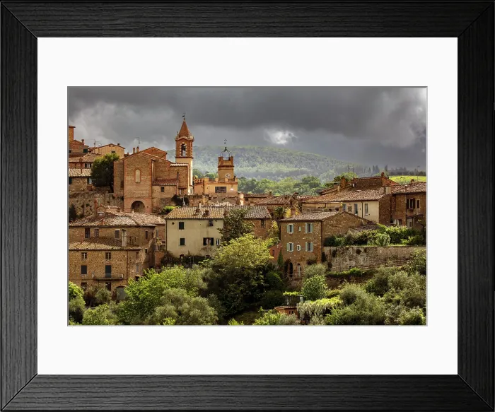 Framed Print : The ancient village of Montisi against a stormy sky, Montalcino, Province of Siena, Tuscany, Italy Framed Print : The ancient village of Montisi against a stormy sky, Montalcino, Province of Siena, Tuscany, Italy