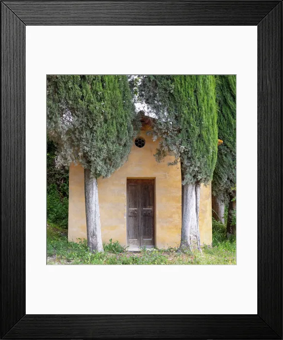 Framed Print : Old chapel and cypress trees, near Lucignano d'Asso, Province of Siena, Tuscany, Italy Framed Print : Old chapel and cypress trees, near Lucignano d'Asso, Province of Siena, Tuscany, Italy