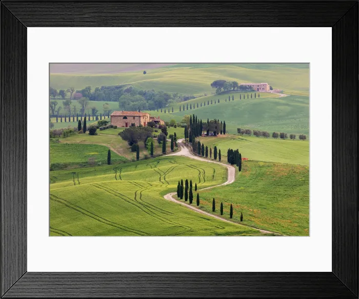 Framed Print : Farmhouse with gravel road lined by cypress trees, Val d'Orcia, San Quirico d'Orcia, Tuscany, Italy Framed Print : Farmhouse with gravel road lined by cypress trees, Val d'Orcia, San Quirico d'Orcia, Tuscany, Italy