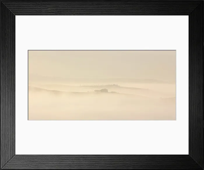 Framed Print : Minimalist misty landscape with farmhouse and cypress trees in distance, at dawn, Val d'Orcia, near San Quirico d'Orcia, Tuscany, Italy Framed Print : Minimalist misty landscape with farmhouse and cypress trees in distance, at dawn, Val d'Orcia, near San Quirico d'Orcia, Tuscany, Italy